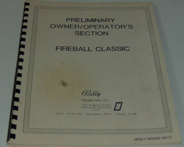 (image for) Bally Preliminary Owner/Operator's Section - Fireball Classic - Click Image to Close