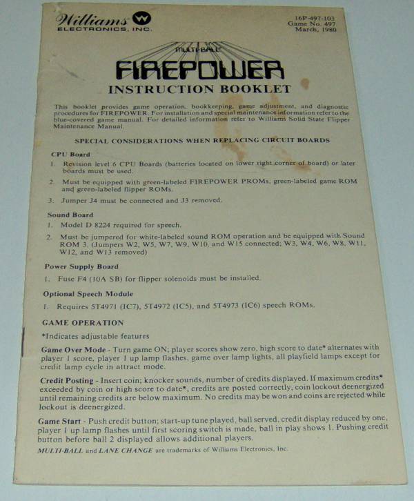 (image for) Williams Firepower Operator's Instruction Booklet